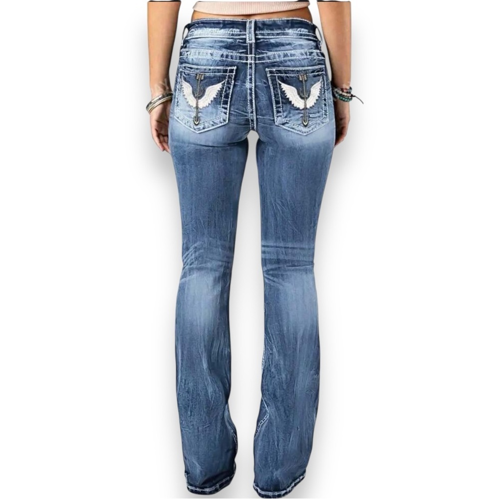 Wing and Arrow Embroidery Pockets Flared Denim Jeans Women's Small - Picture 2 of 14